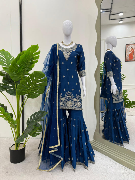 Delightful Navy Blue Color Sequence Work Sharara Suit