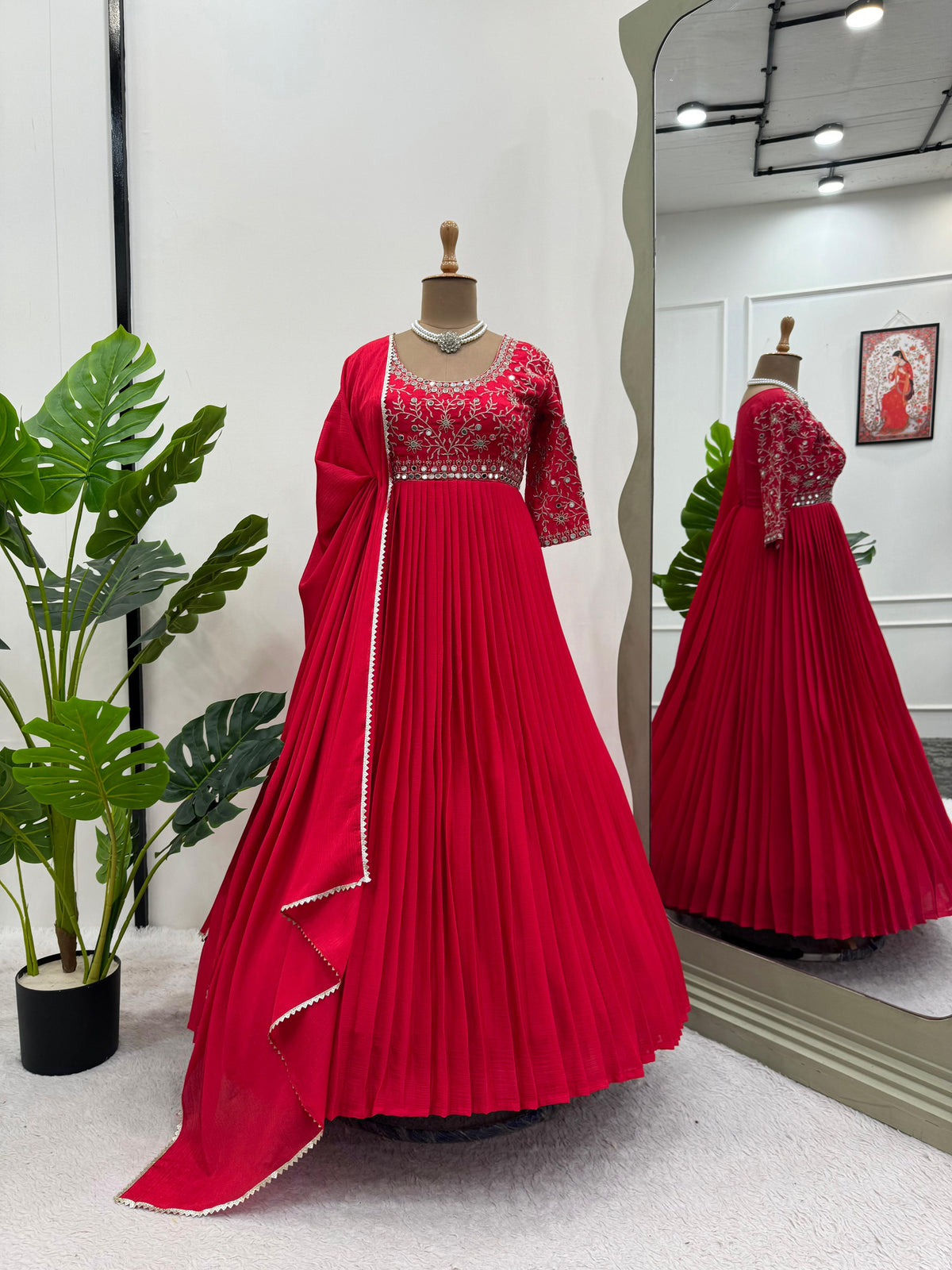 Attractive Chinon Silk Real Mirror Work Red Color Gown