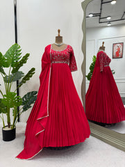 Attractive Chinon Silk Real Mirror Work Red Color Gown