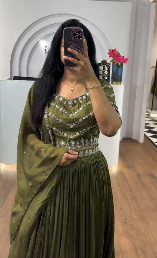 Elegant Chinon Sequence Work Perrot Color Lehenga Choli