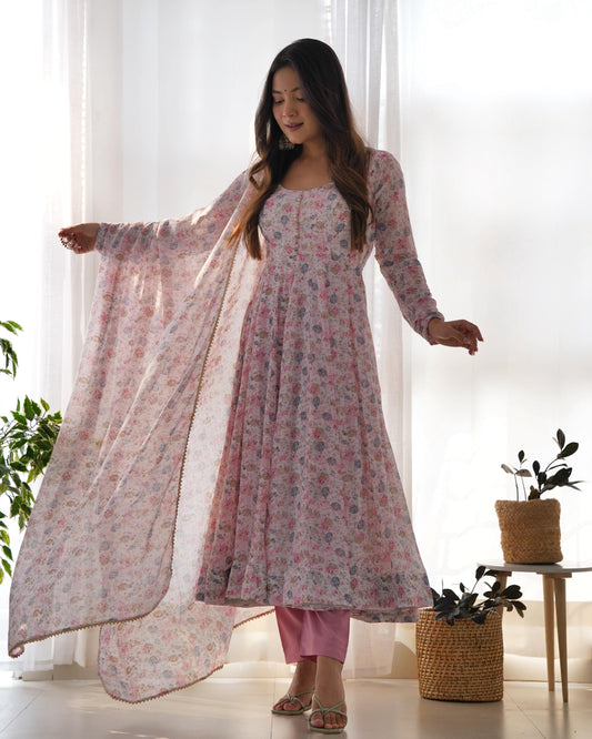 Flower Print Exclusive Fully Flair Pink Color Anarkali Suit
