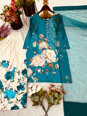 Flower Print Teal Blue Color Palazzo Suit