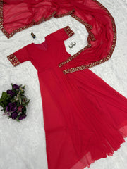 Captivating Embroidery Work Red Color Saree Gown
