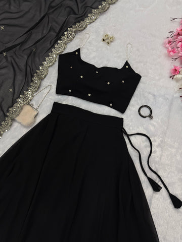 Black Color Pearl Embellished Lehenga Set
