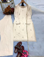 Attractive Embroidery Work Cream Color Palazzo Suit