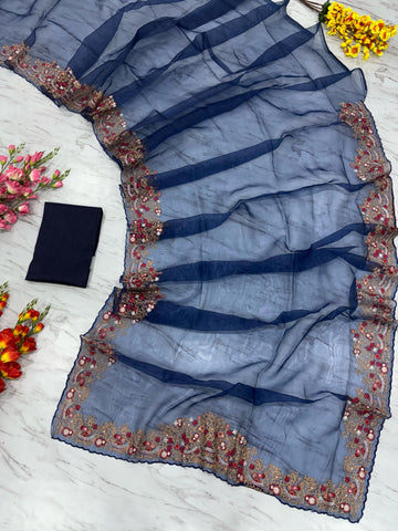Beautiful Lace Border Organza Silk Navy Blue Color Saree