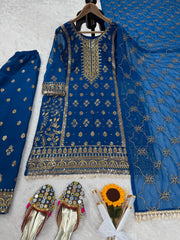 Blissful Thread With Sequence Work Blue Color Sharara Suit