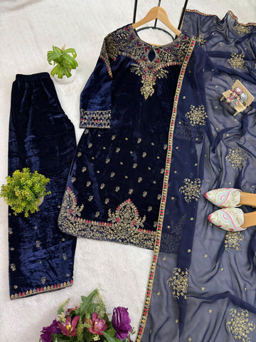 Amazing Navy Blue Velvet Embroidery Work Kurti Set