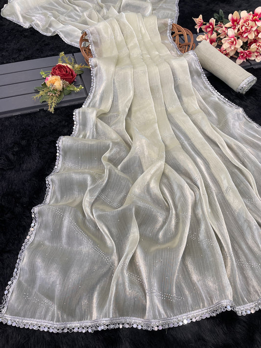 Lovely Burberry Silk Off White Color Saree