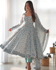 Flower Print Exclusive Fully Flair Sky Blue Color Anarkali Suit