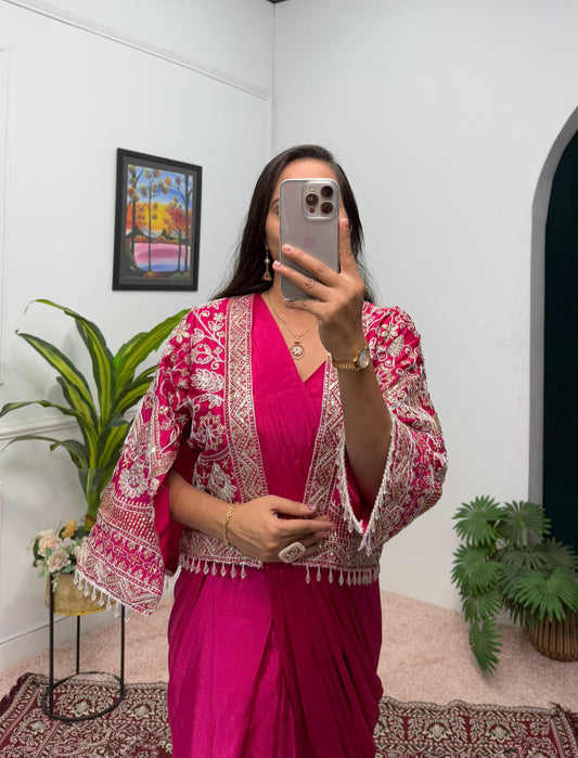 Preferable Pink Color Chinon Silk Ready to Wear Saree