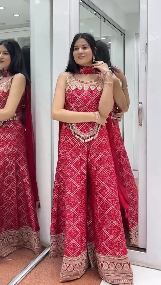 Occasion Wear Chinon Silk Red Color Sharara Suit