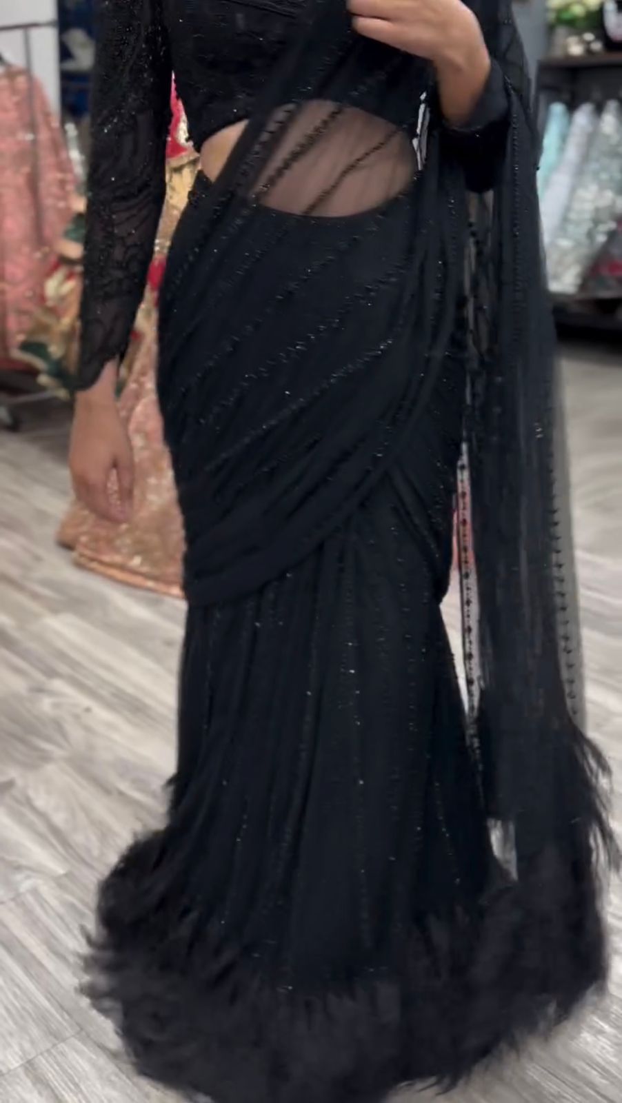 Black Color Embroidery Work Stylish Lehenga Saree