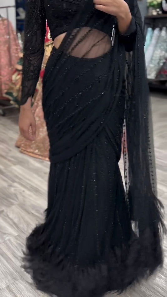 Black Color Embroidery Work Stylish Lehenga Saree