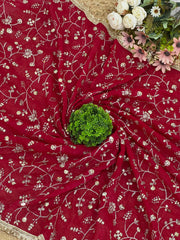 Glorious Red Crunchy Silk Embroidery Work Saree