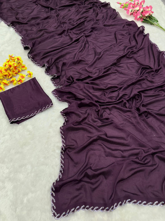 Beautiful Hand Jarkan Work Wine Color saree