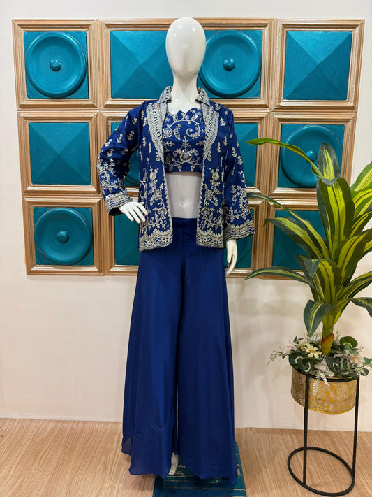 Glimmering Heavy Work Navy Blue Color Palazzo Suit With Koti