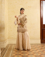 Attractive Chinon Silk Cream Color Sharara Suit