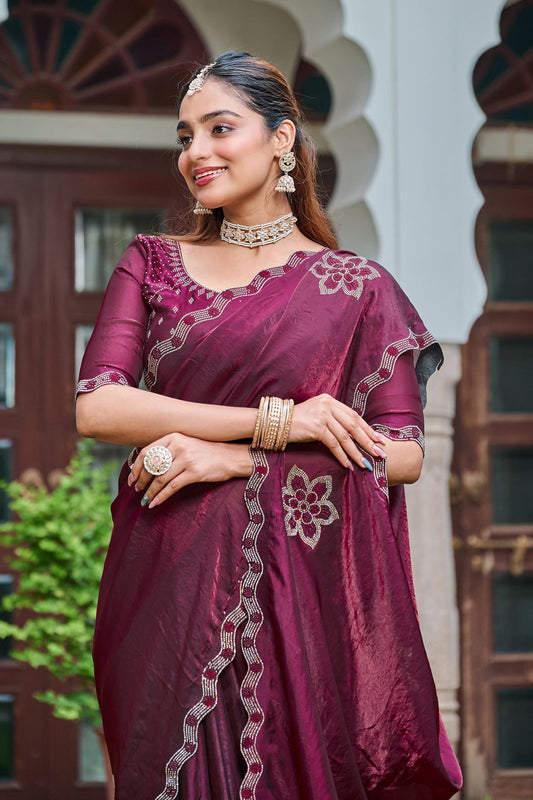 Wonderful Wine Fendi Silk Diamond Work Saree