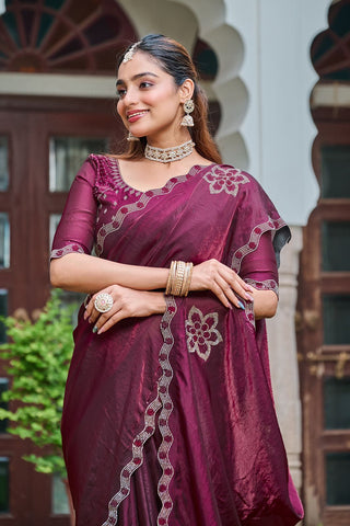 Wonderful Wine Fendi Silk Diamond Work Saree
