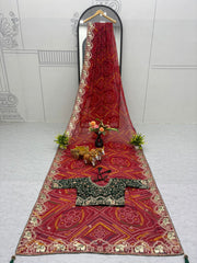 Beautiful Designer Red Color Bandhani Saree