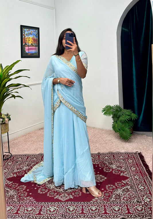 Captivating Embroidery Work Sky Blue Color Saree Gown
