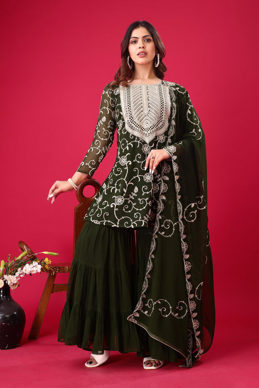 Captivating Georgette Embroidery Work Green Color Sharara Suit