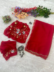 Delightful Georgette Hand Work Red Color Saree