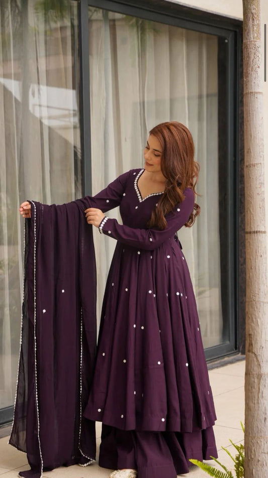 Attractive Purple Heavy Roman Silk Embroidery Anarkali Suit