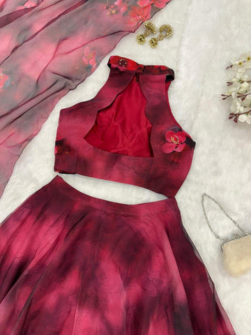 Glorious Pink Color Digital Printed Organza Lehenga