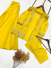 Haldi Wear Yellow Color Palazzo Suit  With Work Koti