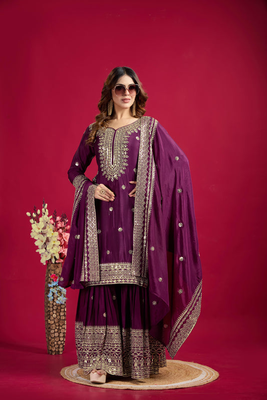 Fantastic Embroidery Sequence Work Wine Color Sharara Suit
