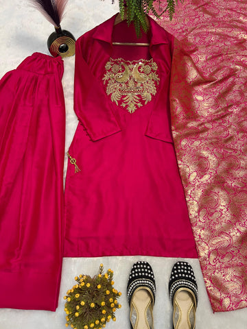 Exclusive Pink Satin Silk Embroidery Work Farshi Salwar Suit