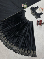 Wedding & Party Wear Satin Silk Black Color Lehenga Choli