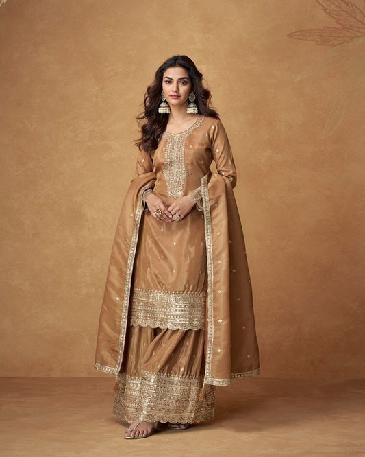 Designer Brown Color Heavy Work Chinon Silk Palazzo Suit