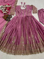 Lovely Onion Color Embroidery Work Anarkali Suit