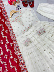 Wedding & Party Wear Embroidery Sequence Work White Color Gown