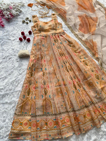 Trendy Peach Organza Digital Print Gown