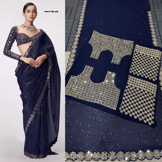 Fantastic Georgette Original Mirror Blue Color Saree