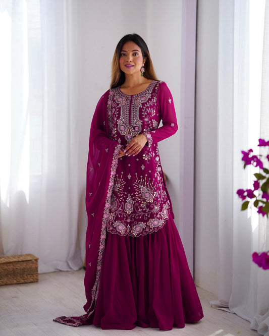 Fantastic Georgette Wine Color Sharara Suit