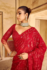 Luxuriant Red Color Georgette Embroidery Work Saree