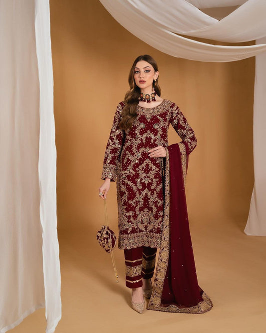 Preferable Maroon Color Embroidery Work Salwar Suit