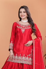 Exclusive Embroidery Work Red Color Palazzo Suit