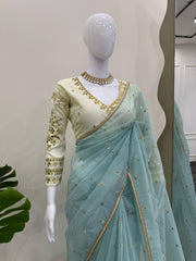 Outstanding Sequnce Work Net Sky Blue Color Saree