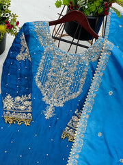 Flattering Chinnon Silk Blue Color Embroidery Work Sharara Suit