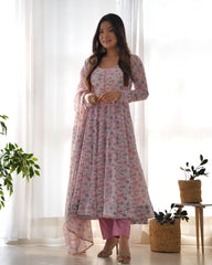 Flower Print Exclusive Fully Flair Pink Color Anarkali Suit