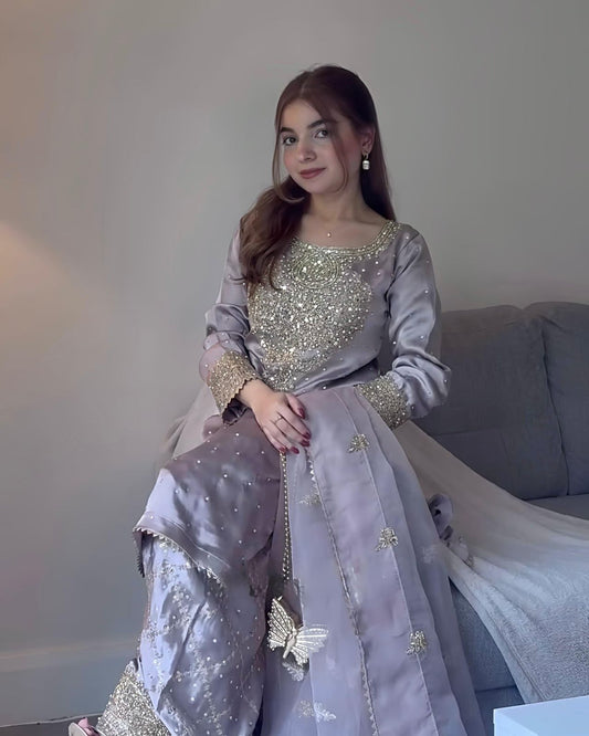 Traditional Wear Embroidery Work Lavender Color Palazzo Suit