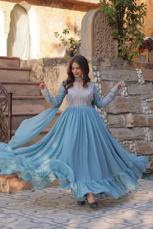 Gorgeous Embroidery Beads Sequins Work Sky Blue Color Gown
