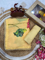 Designer Yellow Tabby Silk with Floral Print Saree
