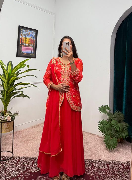Outstanding Embroidery Work Red Color Gown Koti With Dupatta